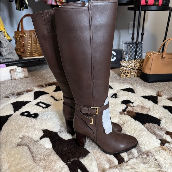 Ralph Lauren Elegant Brown Knee-High Manchester Buckled Dress Boots - Picture 2 of 8